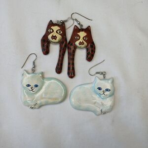 Earrings Handmade Wooden Cat Kitten Brown White 1980s 1990s Hand Painted 2 prs